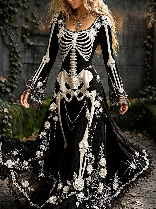 Women's Retro Gothic Spider Skull Floral Pattern Mixi Halloween Dress