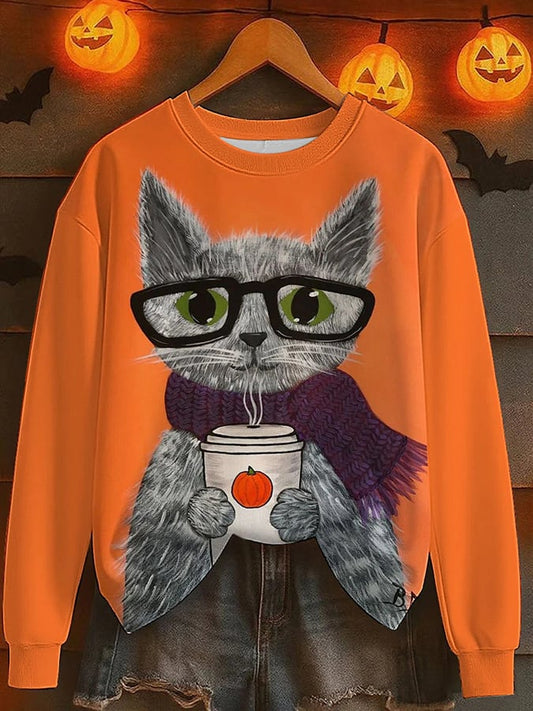 Women's Autumn Cat With Scarf Print Sweatshirt
