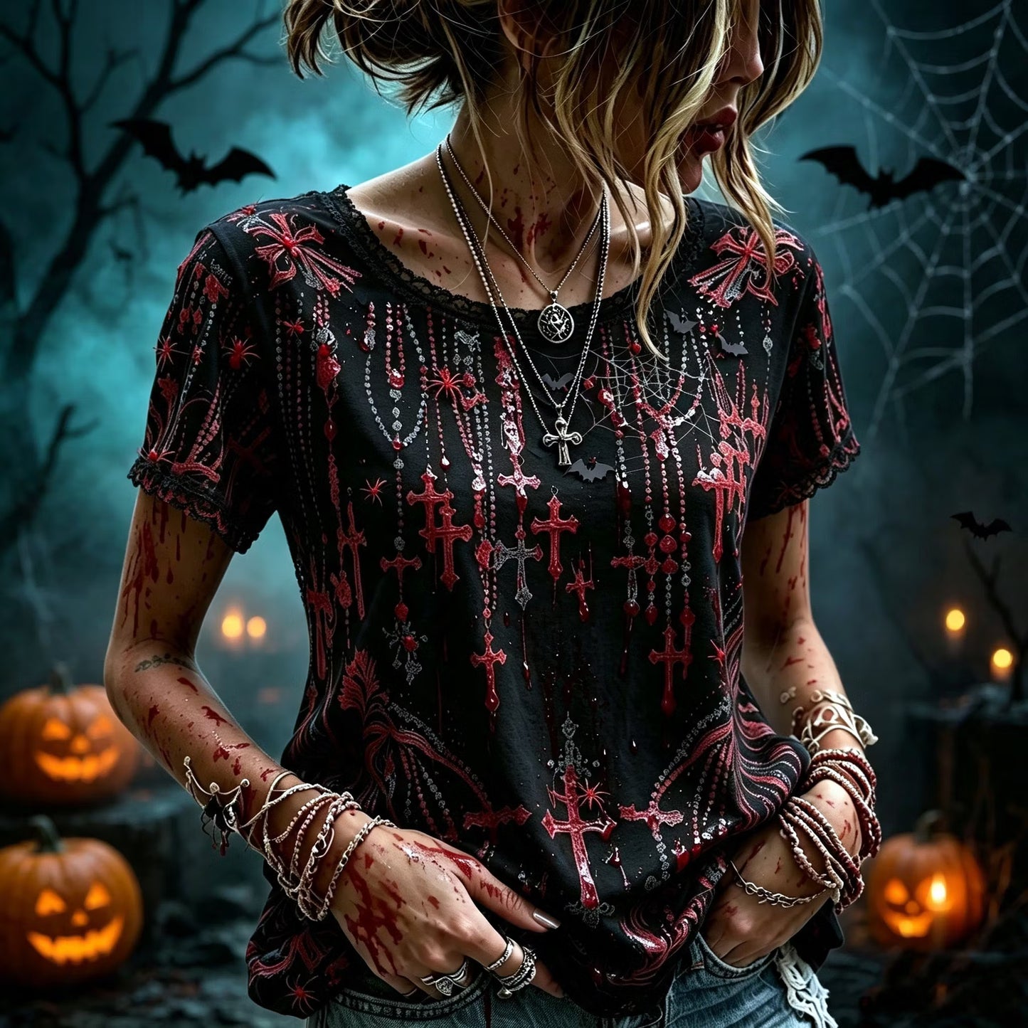 Women's Retro Halloween Style Cross Print Top