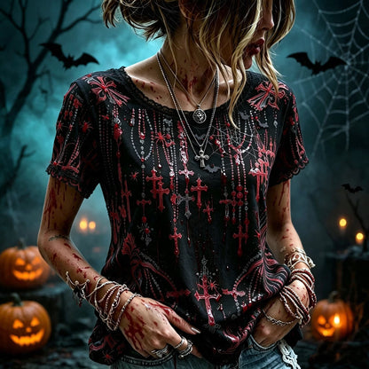 Women's Retro Halloween Style Cross Print Top