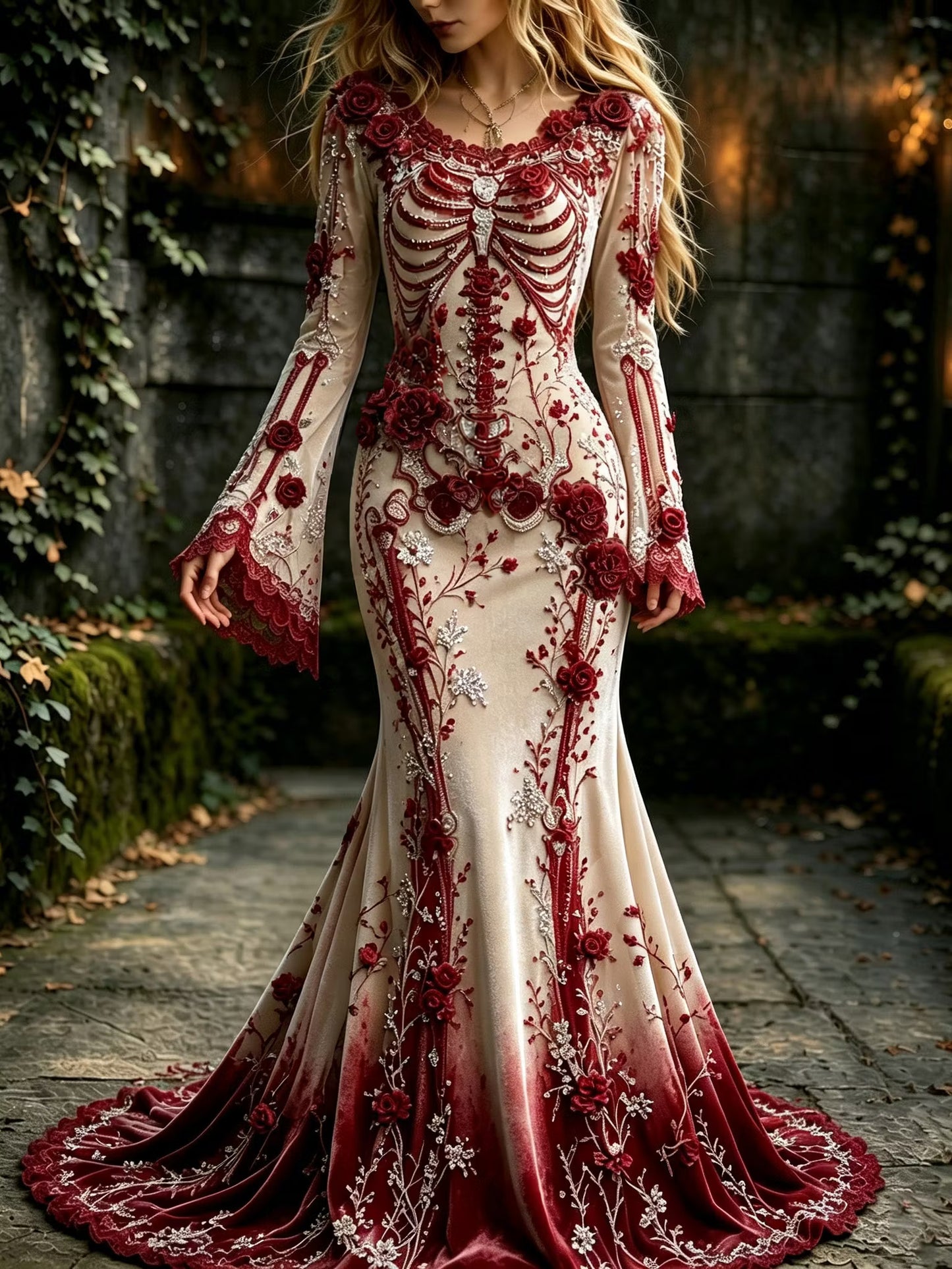 Women's Halloween Gothic Red Rose Human Anatomy Elegant Velvet Round Neck Long Sleeve Dress
