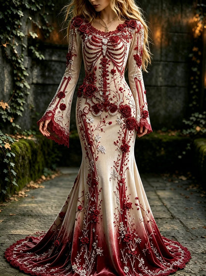Women's Halloween Gothic Red Rose Human Anatomy Elegant Velvet Round Neck Long Sleeve Dress