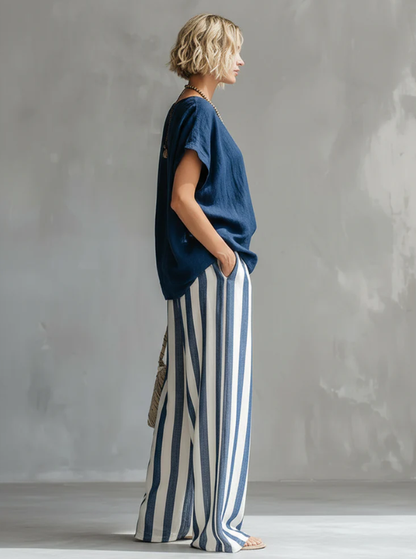 Cozy Loose-fit Striped Cotton-linen Two-piece Set