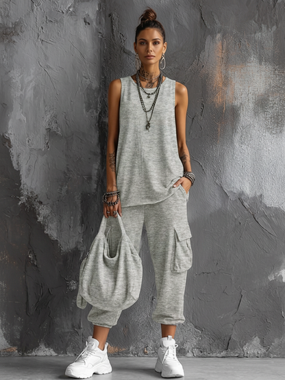 Women's Casual Style Dark Gray Cotton Blend Sleeveless Top + Jogger Cargo Pants Set MDZ2365D7GMJ