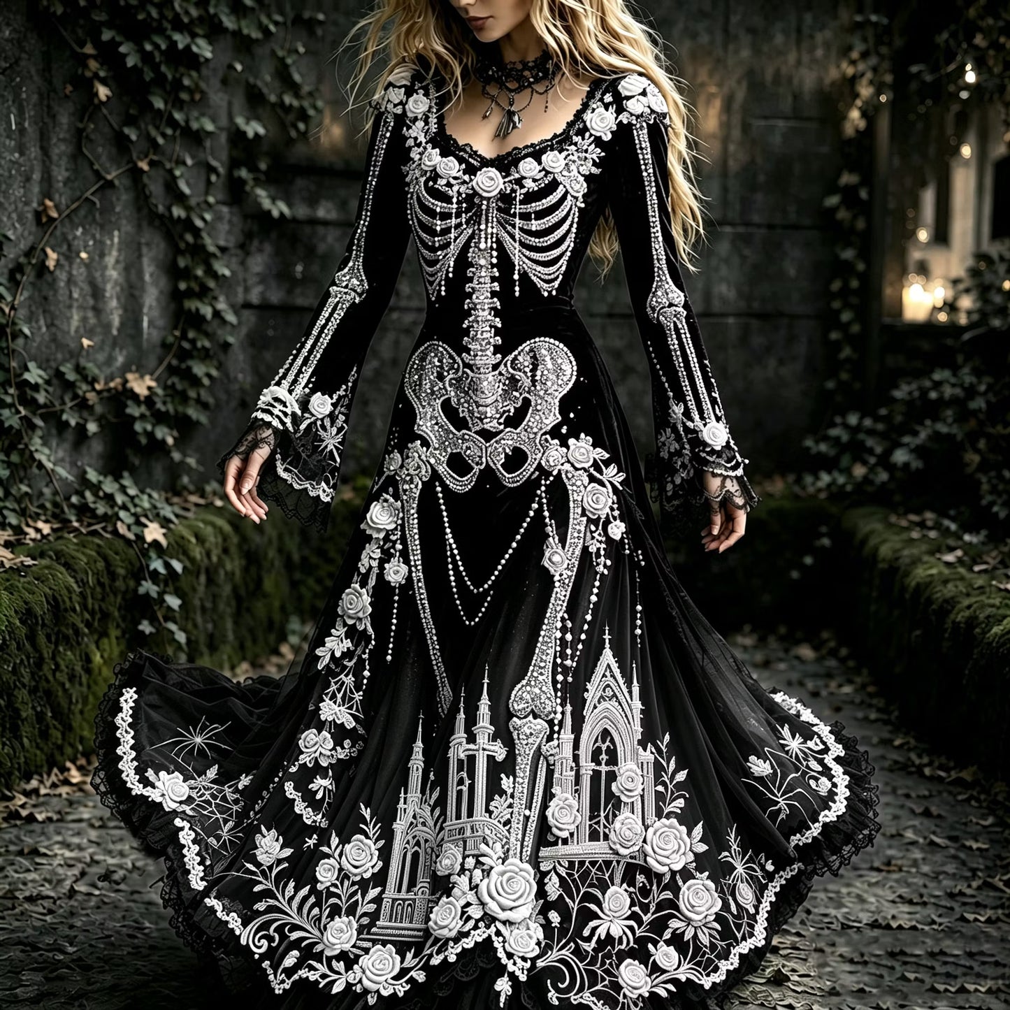Women's Halloween Gothic Skeleton & Floral Lace Long-sleeve Maxi Dress