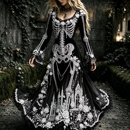 Women's Halloween Gothic Skeleton & Floral Lace Long-sleeve Maxi Dress