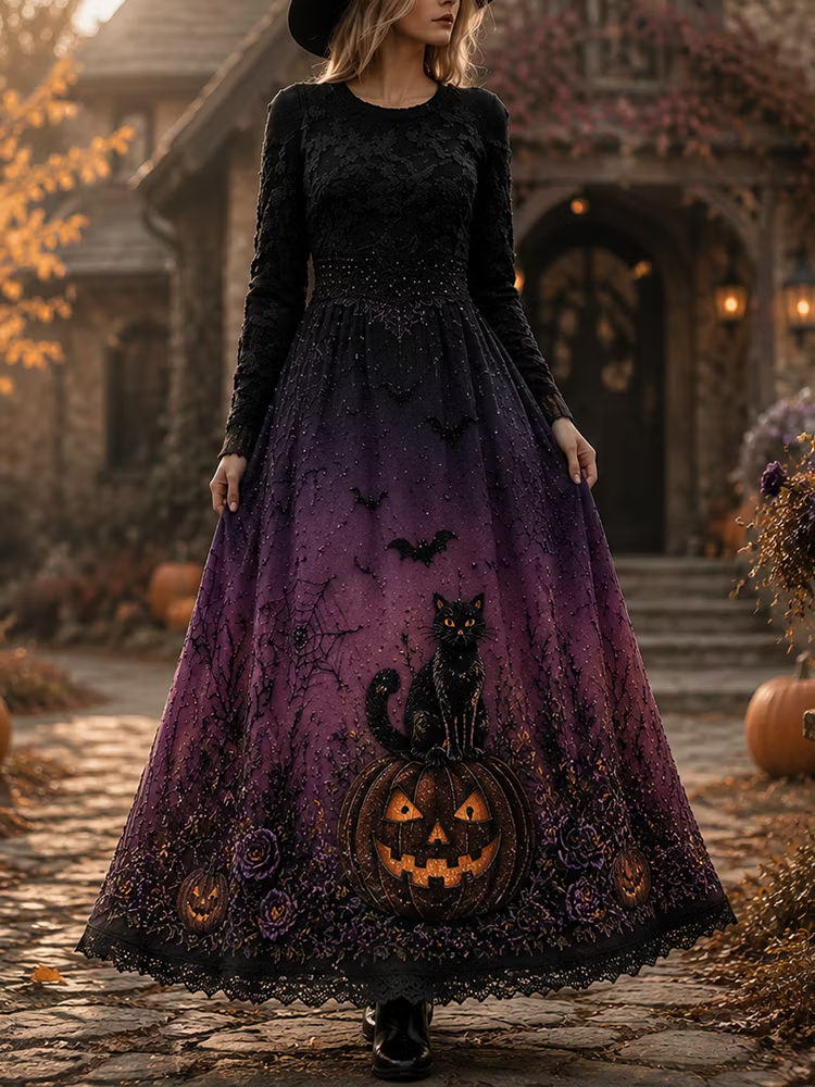 Women's Halloween Gothic Black Pumpkin, Black Cat & Bat Print Long-sleeve Maxi Dress