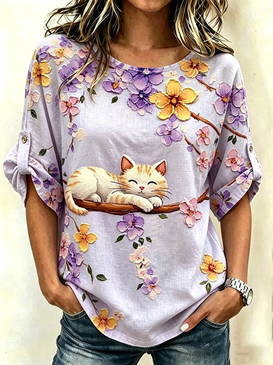 Women's Cat-Themed Cotton-Linen Top