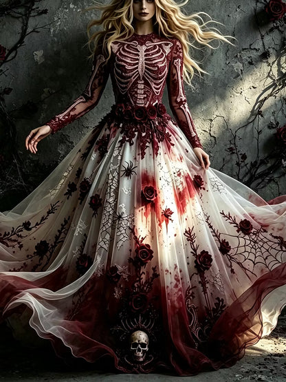 Women's Retro Halloween Human Skeleton Floral Embroidery Linen Blend Round Neck Long Sleeve Dress