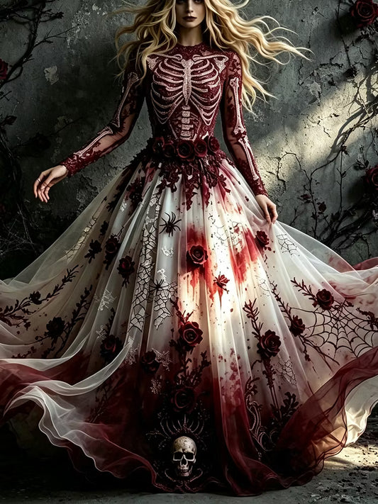 Women's Retro Halloween Human Skeleton Floral Embroidery Linen Blend Round Neck Long Sleeve Dress