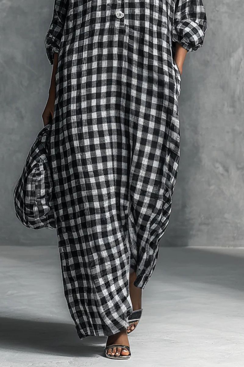Women's Casual Black And White Checkered Shirt-style Long Dress