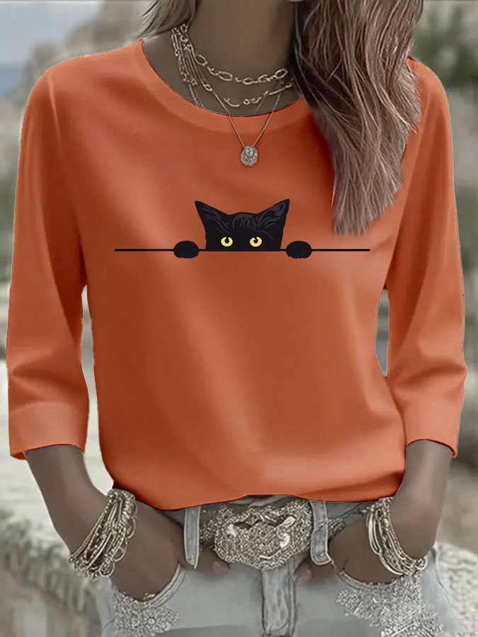 Women's Casual Cat Print Three-Quarter Sleeve T-Shirt