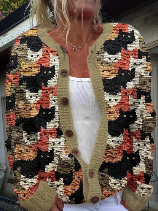 Women's Cute Cat Pattern Crew Neck Cardigan