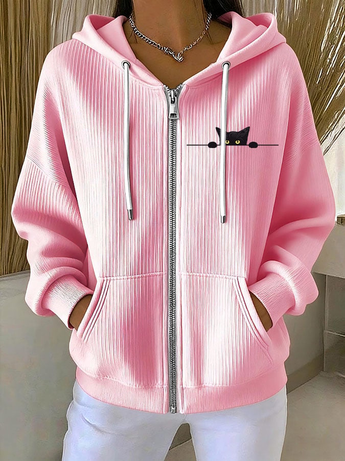 Women's Casual Cat Print Textured Sweatshirt Jacket