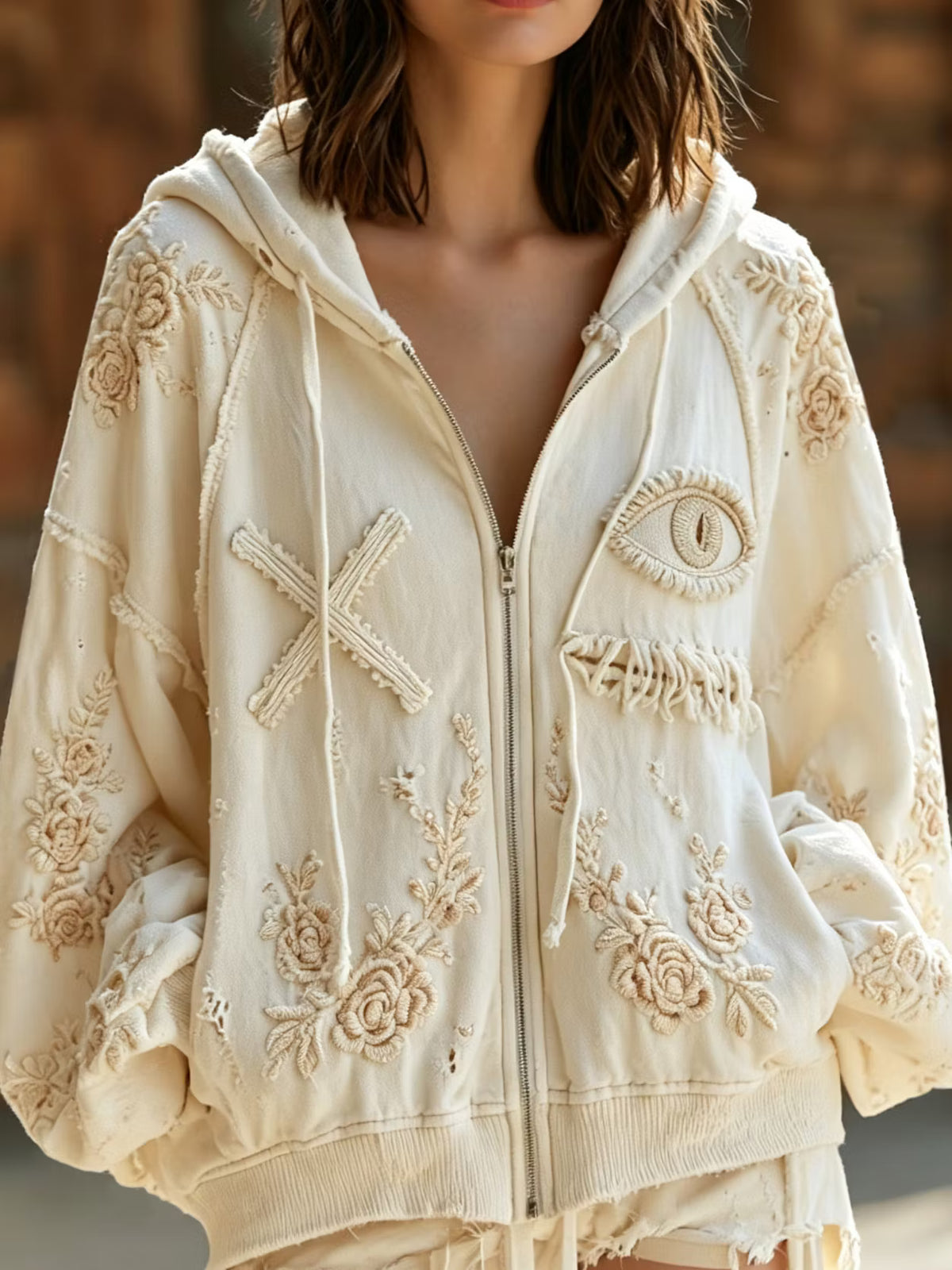Women's Retro Halloween Themed Sewn Face And Floral Embroidery Hooded Jacket