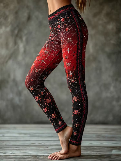Women's Vintage Halloween Spider And Rose Rhinestone Art Slimming Leggings