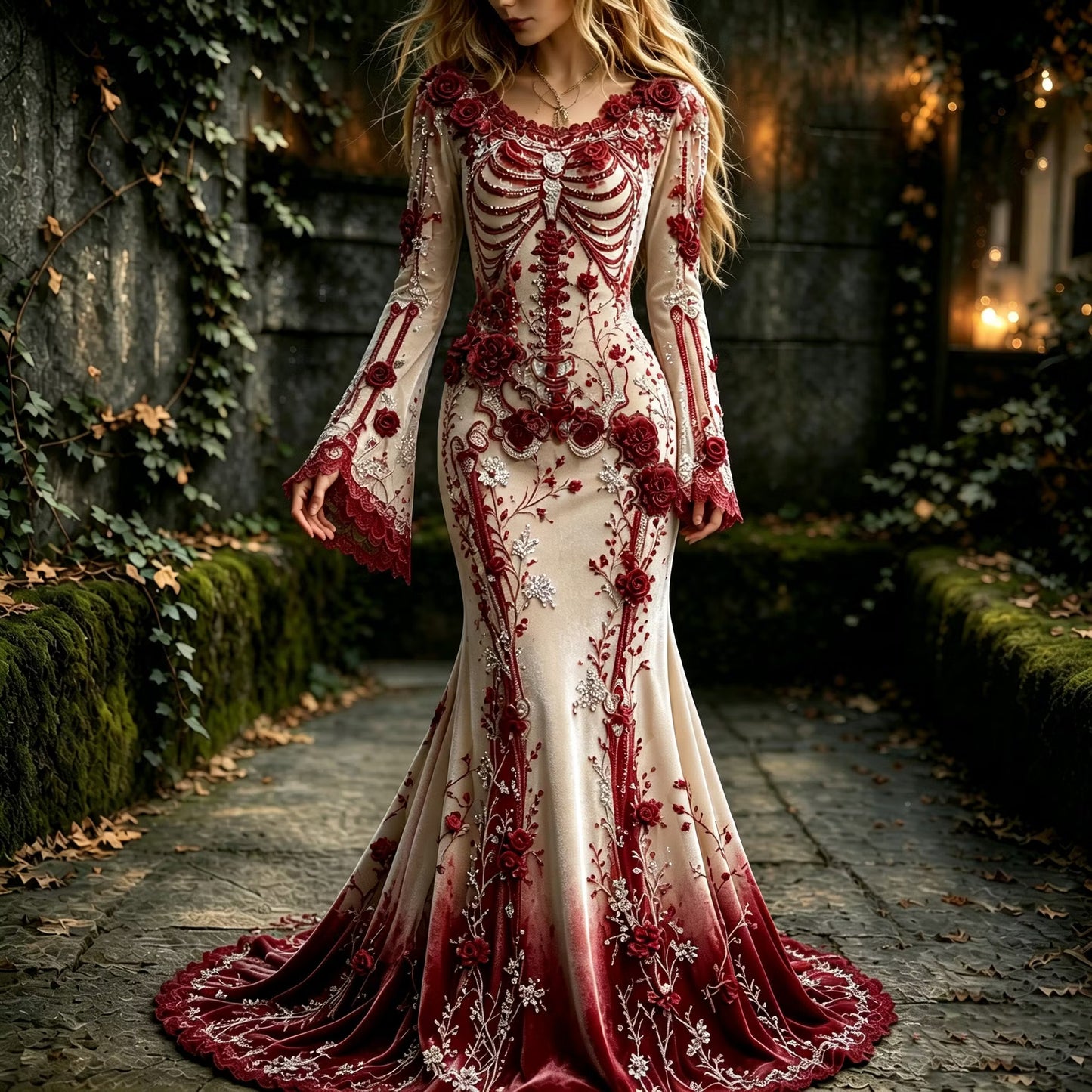 Women's Halloween Gothic Red Rose Human Anatomy Elegant Velvet Round Neck Long Sleeve Dress