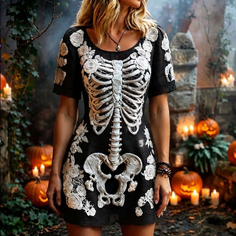 Women's Short-sleeved Mini Dress, Decorated With Halloween Skull And White Rose Patterns.