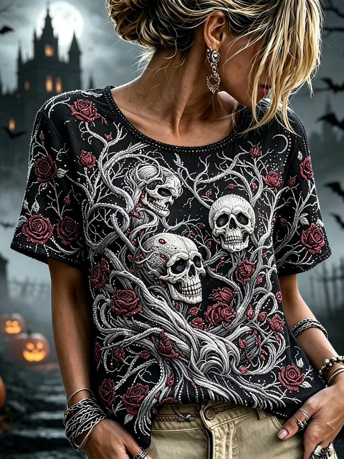 Women's Retro Halloween Skull Floral Art Casual Crew Neck Short Sleeve T-shirt