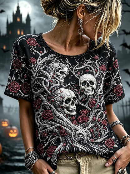 Women's Retro Halloween Skull Floral Art Casual Crew Neck Short Sleeve T-shirt