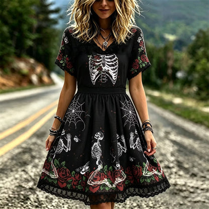 Women's Dark Retro Floral Spiderweb Skull Design V-neck Short-sleeved Dress