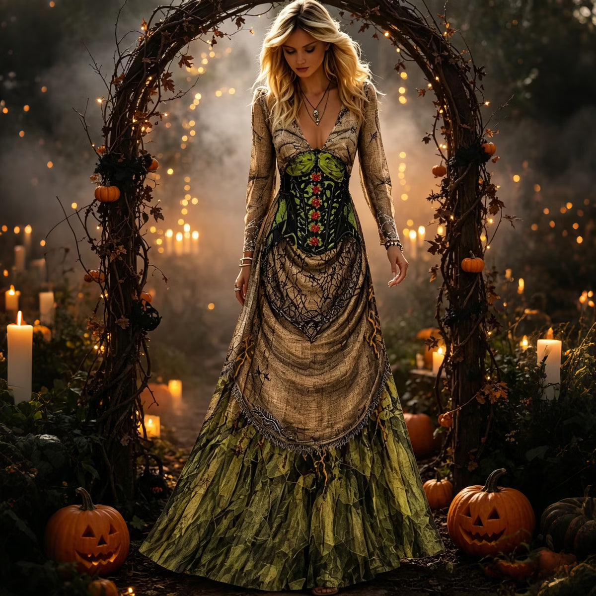 Women's Retro Halloween Floral V-neck Dress
