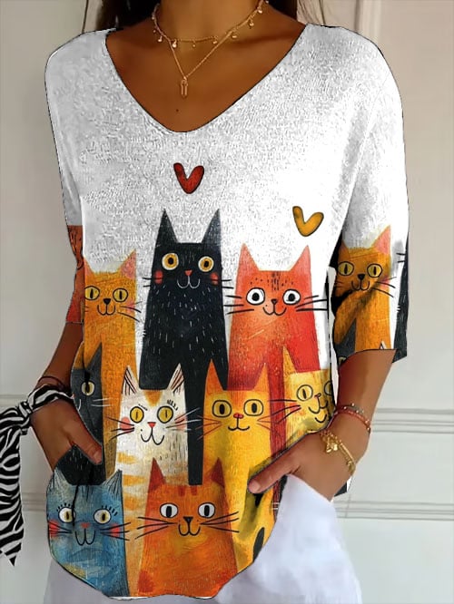Women's Retro Funny Animal Cat Print Shirt