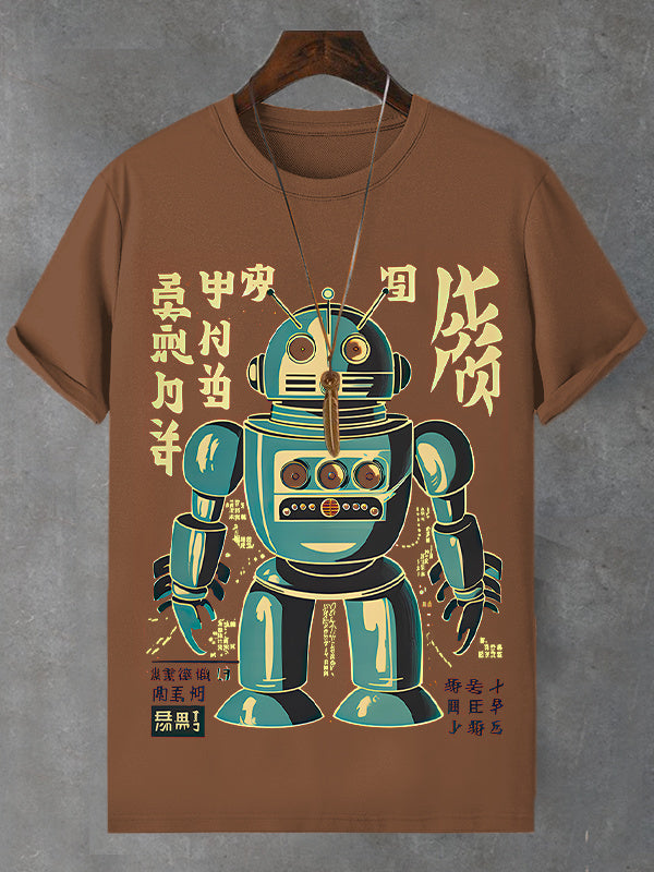 Men's Retro Robot Japanese Art Print Cotton Casual T-Shirt