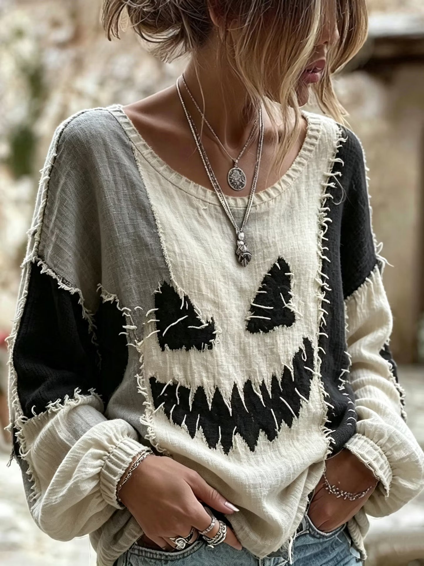 Women's Retro Halloween Funny Face Patchwork Crew Neck Long Sleeve T-shirt