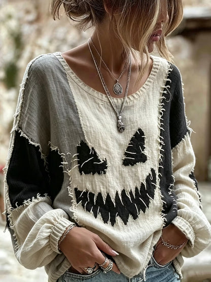 Women's Retro Halloween Funny Face Patchwork Crew Neck Long Sleeve T-shirt