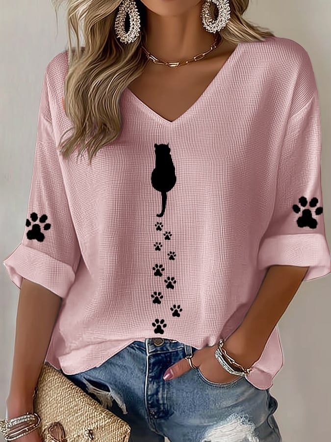 Women's Cute Cat Print Waffle T-shirt