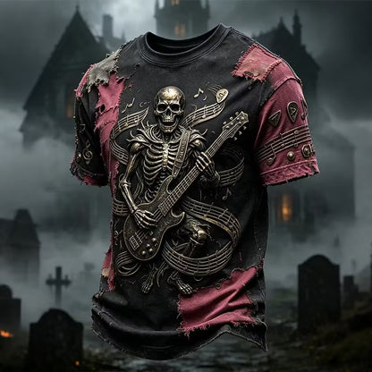 Men's Retro Skull Guitarist Print Casual T-shirt