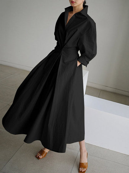 Women's Solid Pocket Button Lapel Long Sleeve Maxi Shirt Casual Dress
