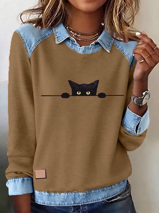 Women's Casual Cat Print Lapel Long Sleeve Top