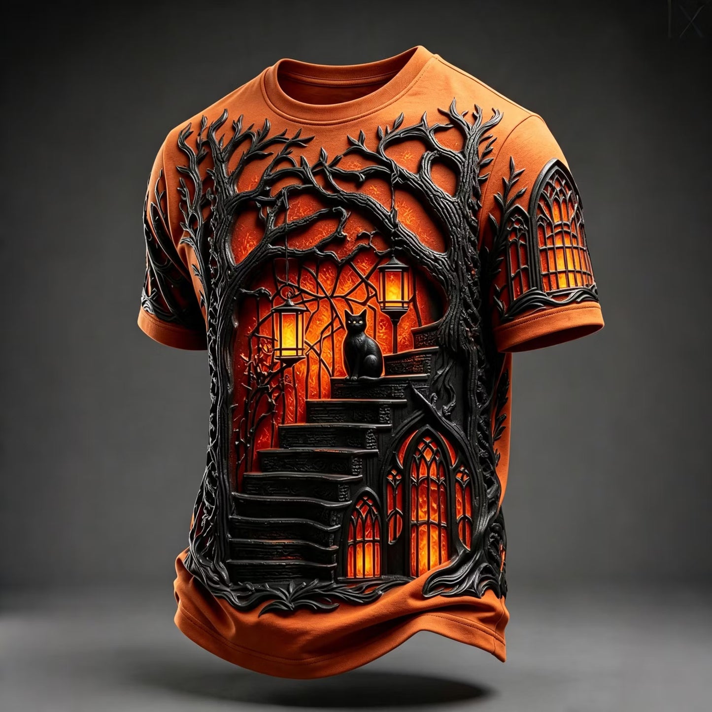Men's Retro Halloween Castle And Black Cat Pattern Casual T-shirt