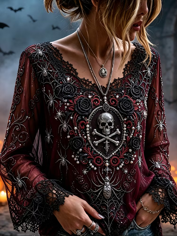 Women's Gothic V-neck Long-sleeved Blouse, Decorated With Skull, Cross And Spider Web Patterns.