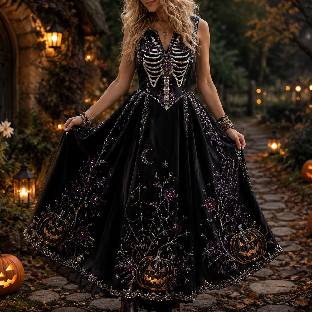 Women's Gothic Halloween Skeleton & Jack-o'-lantern Print Velvet Maxi Dress