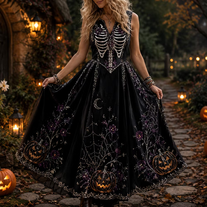 Women's Gothic Halloween Skeleton & Jack-o'-lantern Print Velvet Maxi Dress