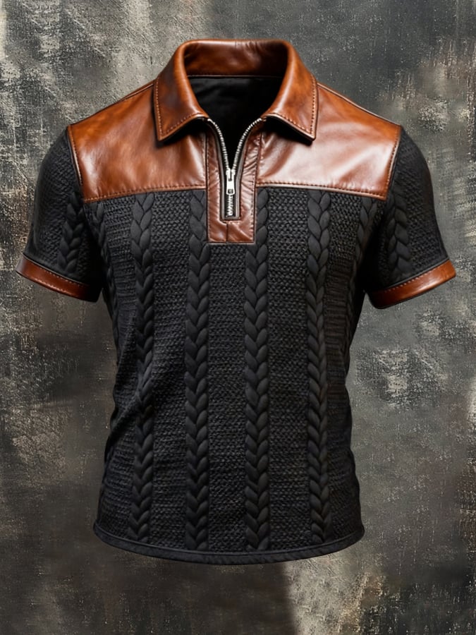 Men'S Short-Sleeve Polo-Collar Top With Retro Leather Paneling And Color-Block Design