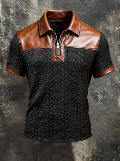 Men'S Short-Sleeve Polo-Collar Top With Retro Leather Paneling And Color-Block Design