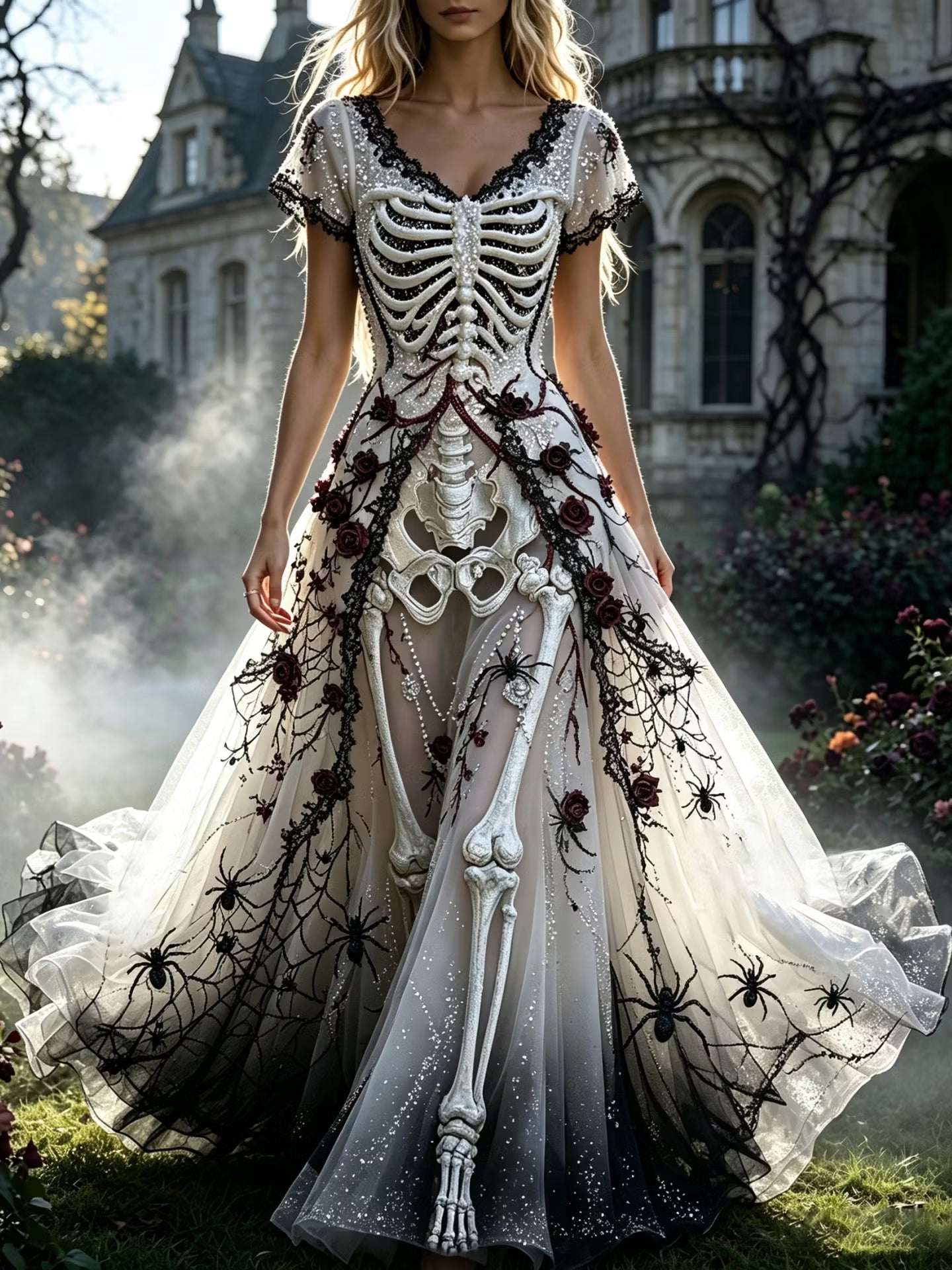 Women's  Retro Gothic Skull Floral Pattern Short Sleeves Maxi Halloween Dress