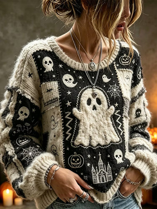 Halloween Ghost Art Patchwork Stitching Comfortable Color-block Casual Crewneck Sweater幽灵