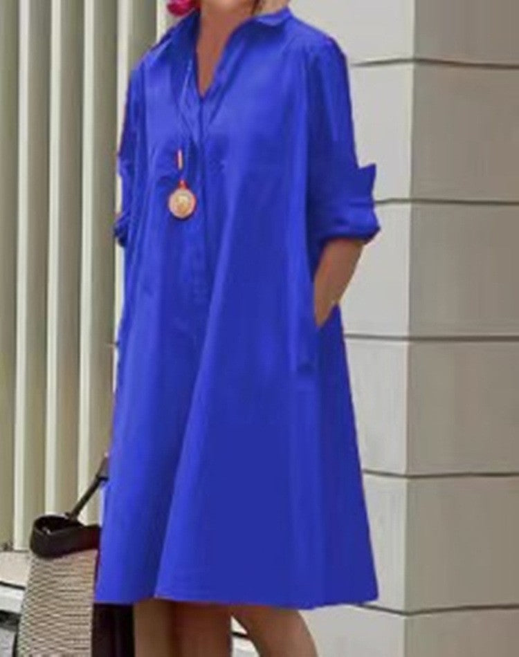 Spring-Summer New Type Fashion Temperament Shirt Collar Long Sleeve Pocket Mid-Length Dress