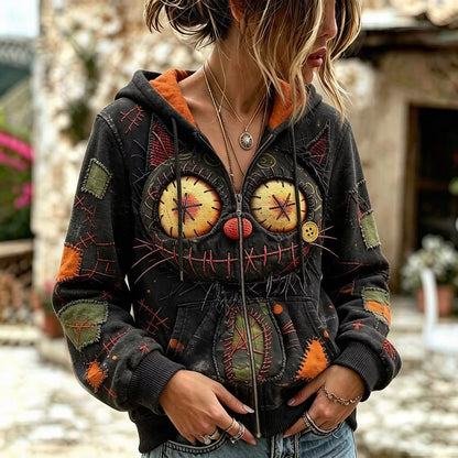Women's Halloween Gothic Vintage Monster Black Cat Face Stitched Art Comfy Zipper Hoodie