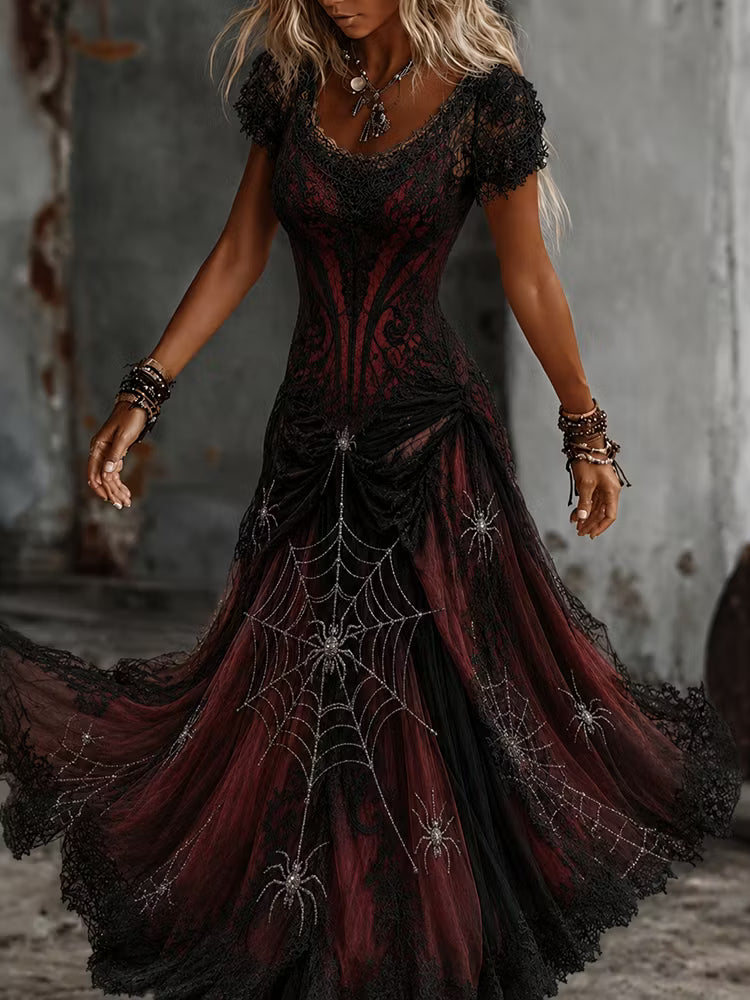 Women's Vintage Spider Web Art V-neck Short Sleeve Maxi Dress