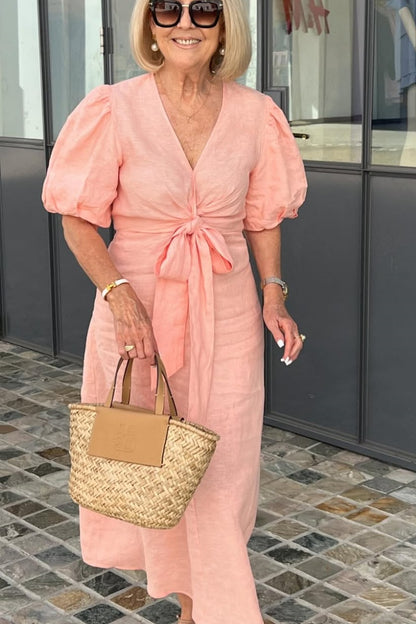 V-neck Tie-waist Puff Sleeve Cotton Dress