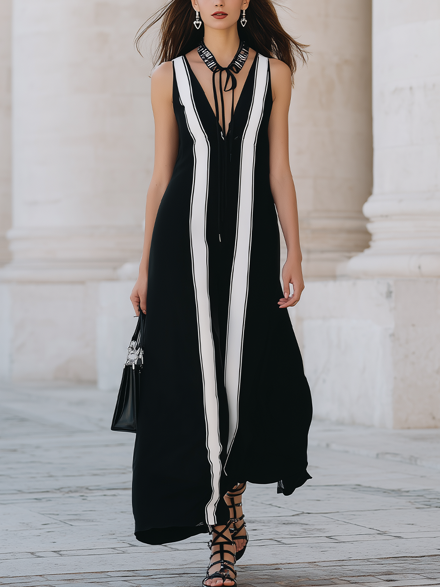 Black Sleeveless Long Dress With Black And White Striped Panels.