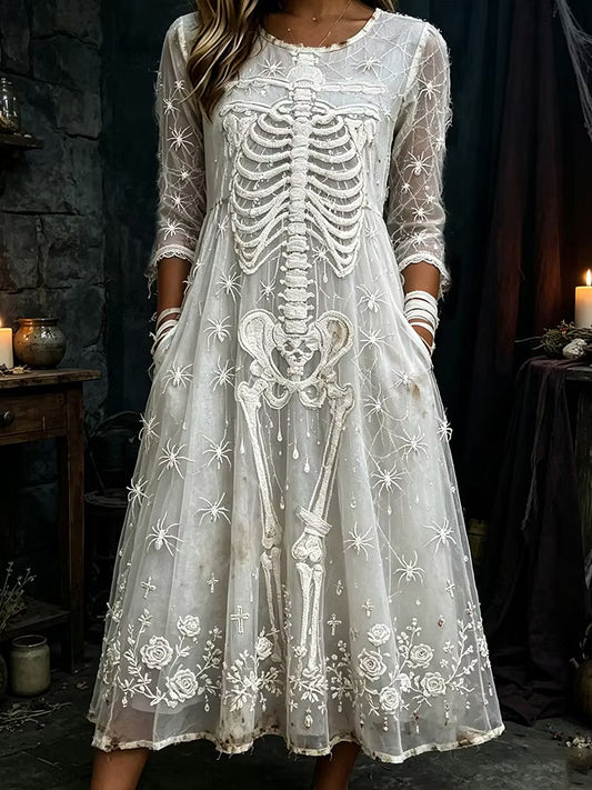 Women's Vintage Lace And Spider Art White Casual Crew Neck Long Sleeve Dress