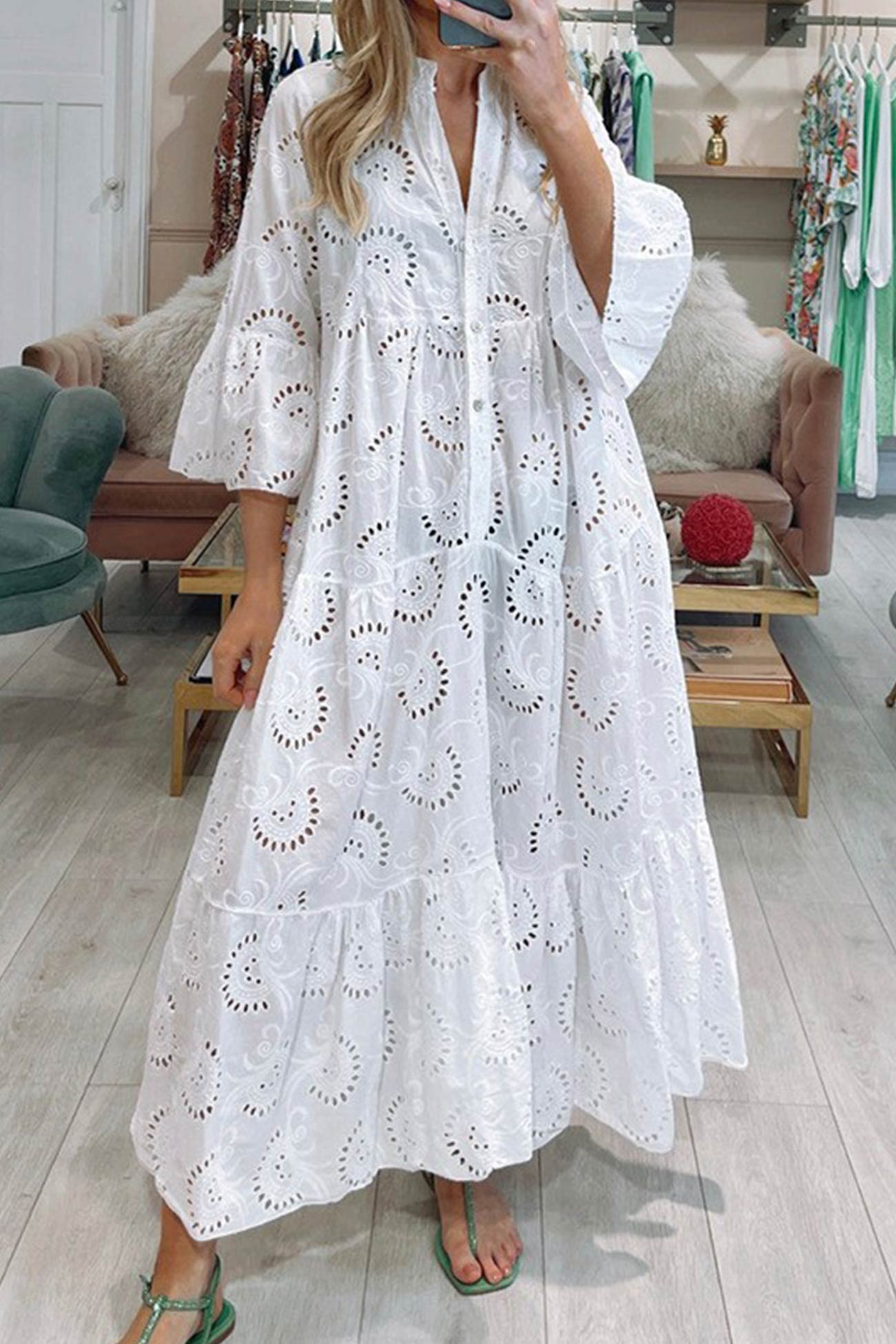 🎁Last day Clearance sale! V Neck Flares Sleeve Embroidery Cotton Dress