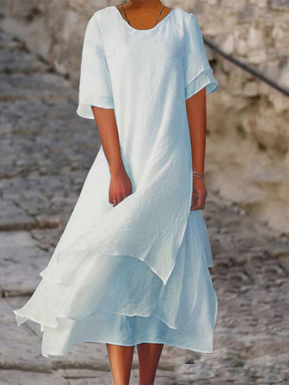 Polyester Cotton Double-Layer Color-Block Slit Short-Sleeved Round Neck Dress